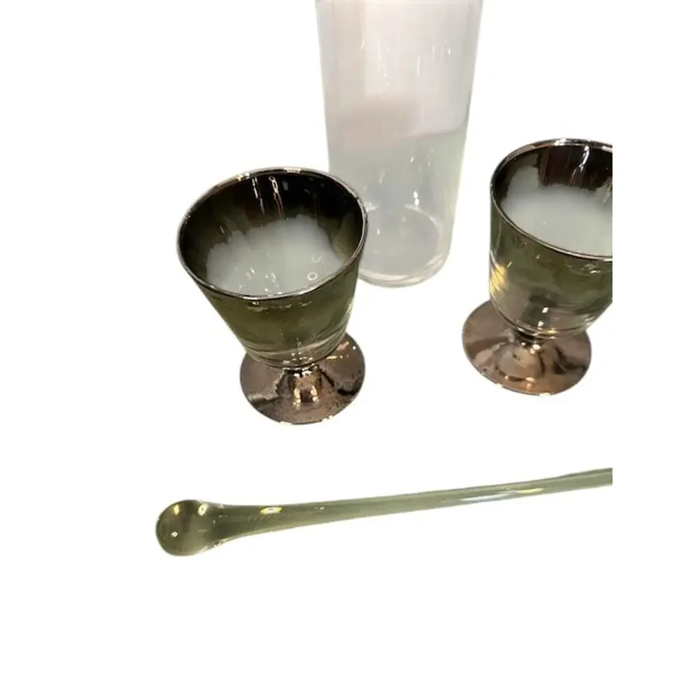 Martini Glassware Set Clear Black Stir Rod Pitcher 2 Glasses VTG Collectible